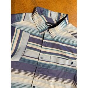 KAVU Stripe Button Up Shirt Mens M Blue Teal Outdoor Vented Stretch Hiking Fish